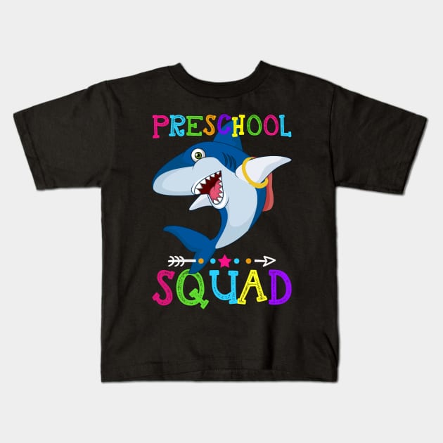 Shark Team Preschool Squad Teacher Back To School Kids T-Shirt by kateeleone97023